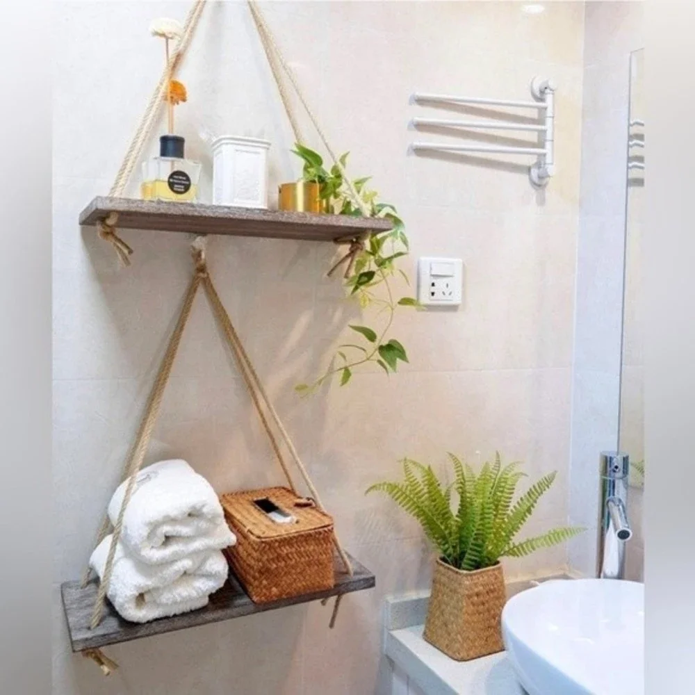 Boho Rustic Wall Hanging Wood Floating Shelves, Set of 2